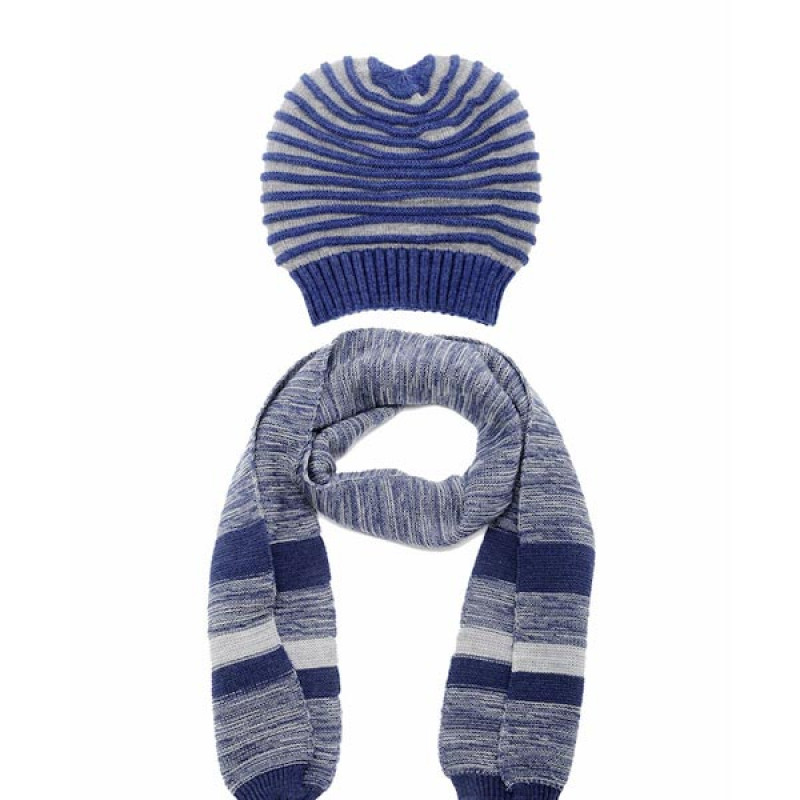 Blue & Grey Beanie With Muffler Set